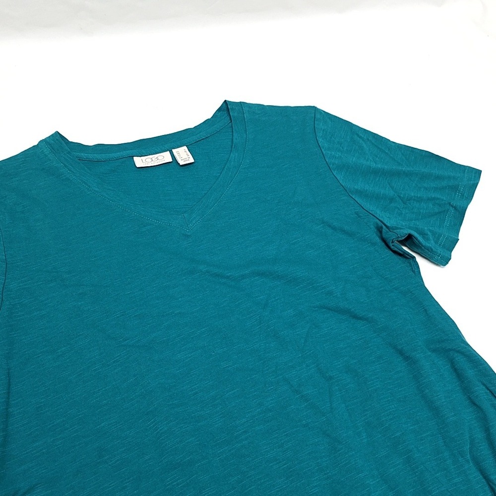 LOGO Lori Goldstein T-Shirt Womens Small Teal Green Asymmetrical Ruffle V-Neck